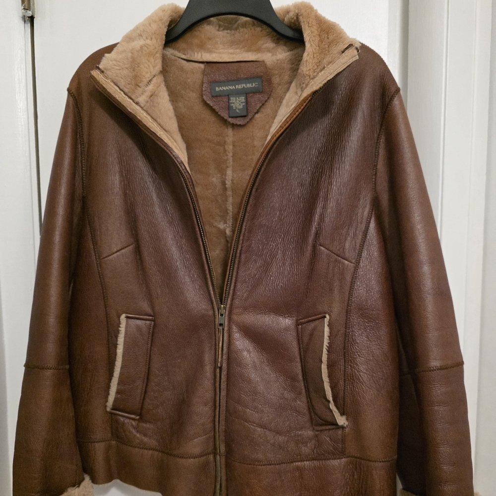 Banana Republic Dark Brown  Leather Jacket with Tan Shearling Lining